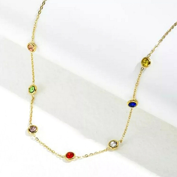 Gold plated necklace with colorful zirconias; nwot - Picture 3 of 11